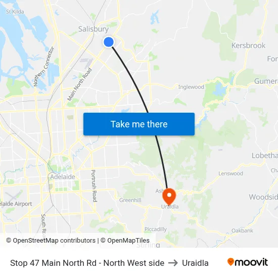 Stop 47 Main North Rd - North West side to Uraidla map