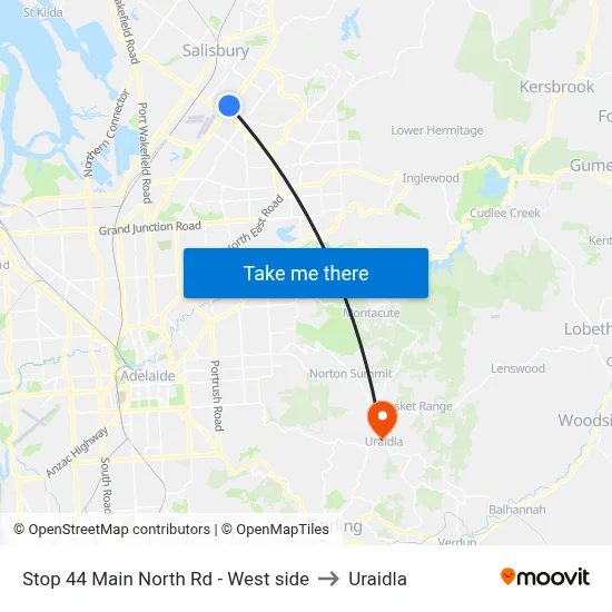 Stop 44 Main North Rd - West side to Uraidla map
