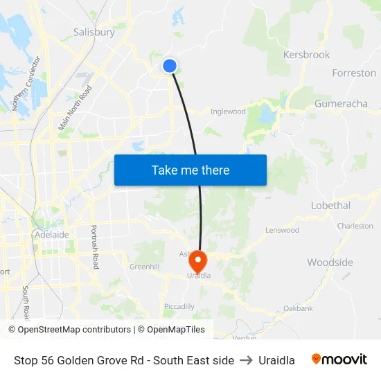 Stop 56 Golden Grove Rd - South East side to Uraidla map