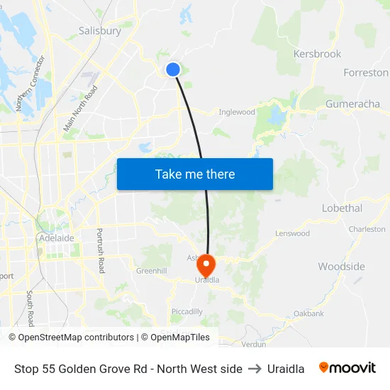 Stop 55 Golden Grove Rd - North West side to Uraidla map