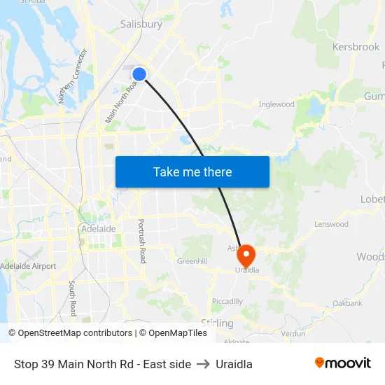 Stop 39 Main North Rd - East side to Uraidla map