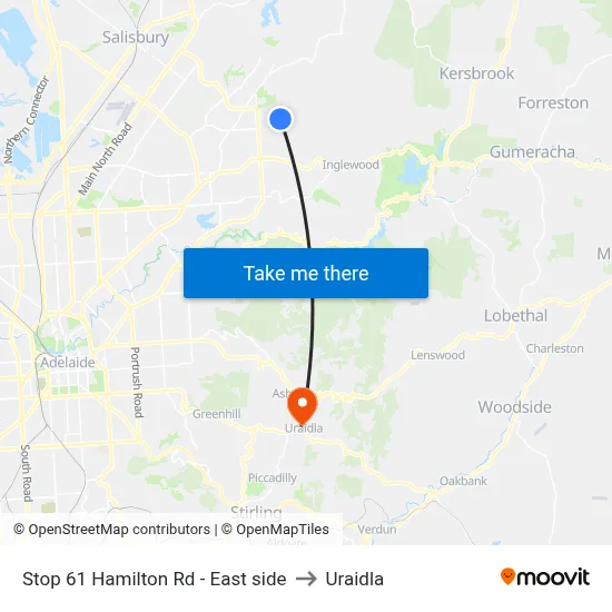 Stop 61 Hamilton Rd - East side to Uraidla map