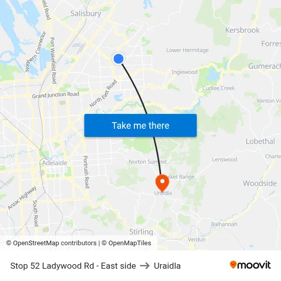 Stop 52 Ladywood Rd - East side to Uraidla map