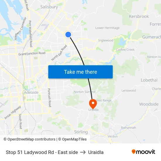 Stop 51 Ladywood Rd - East side to Uraidla map
