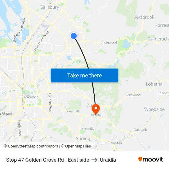 Stop 47 Golden Grove Rd - East side to Uraidla map