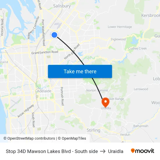Stop 34D Mawson Lakes Blvd - South side to Uraidla map