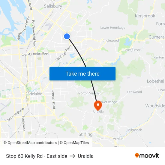 Stop 60 Kelly Rd - East side to Uraidla map