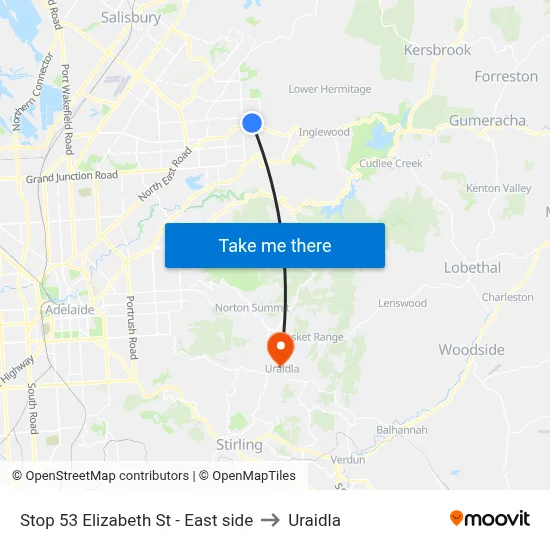 Stop 53 Elizabeth St - East side to Uraidla map