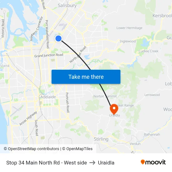Stop 34 Main North Rd - West side to Uraidla map