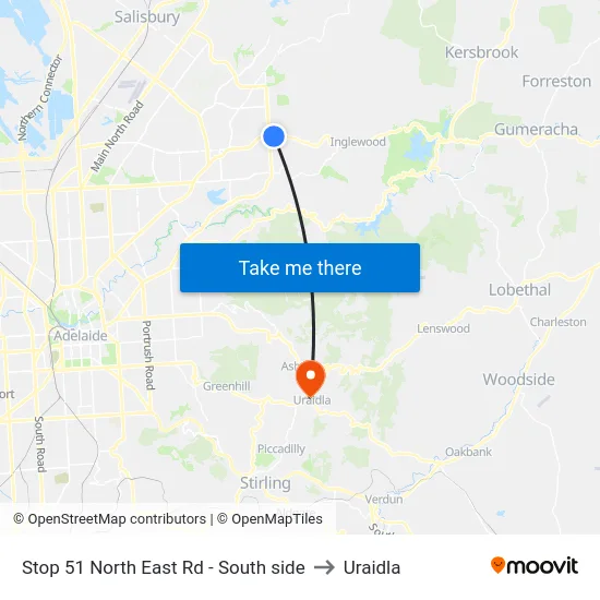 Stop 51 North East Rd - South side to Uraidla map