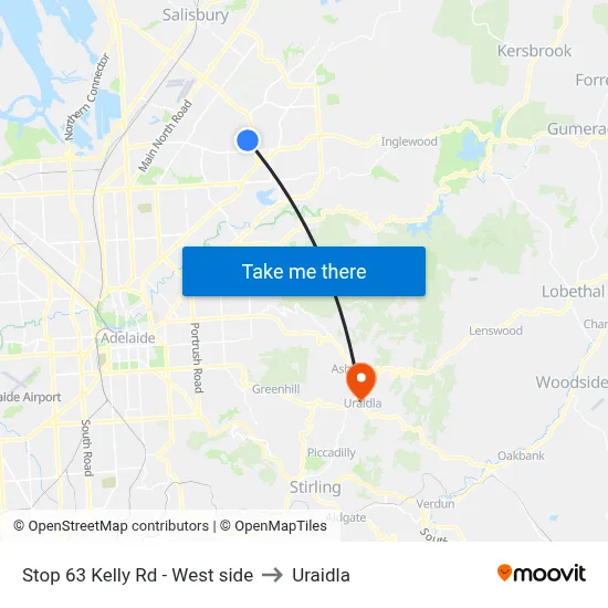 Stop 63 Kelly Rd - West side to Uraidla map