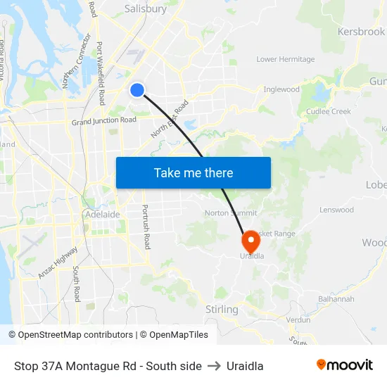 Stop 37A Montague Rd - South side to Uraidla map