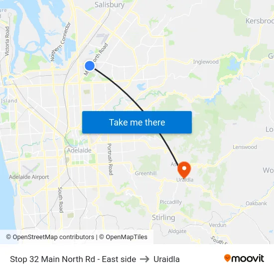 Stop 32 Main North Rd - East side to Uraidla map