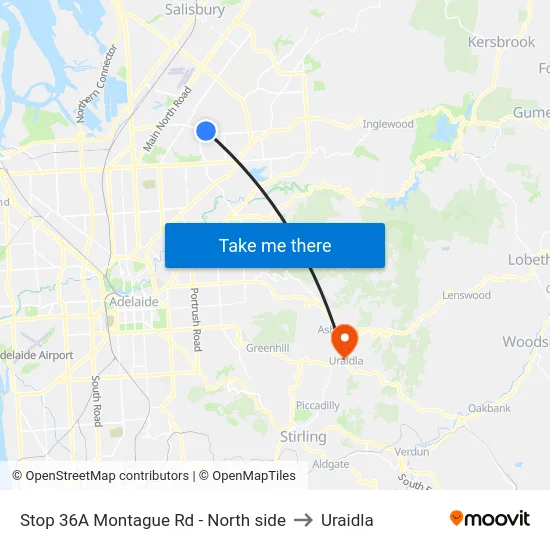 Stop 36A Montague Rd - North side to Uraidla map
