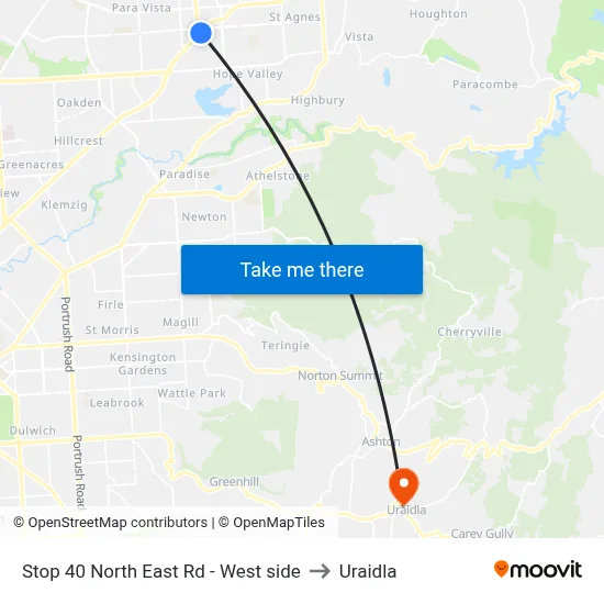 Stop 40 North East Rd - West side to Uraidla map