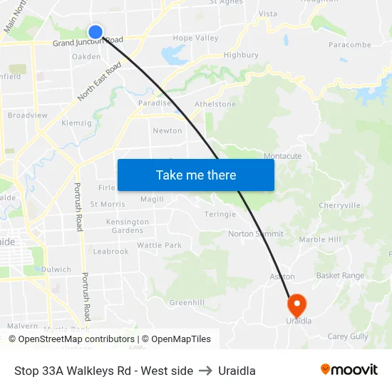 Stop 33A Walkleys Rd - West side to Uraidla map