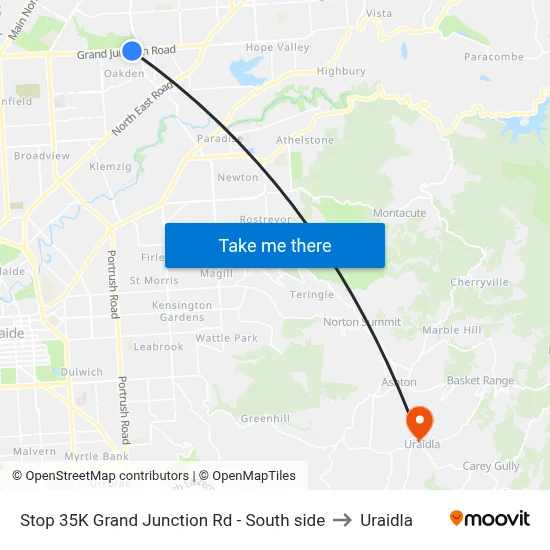 Stop 35K Grand Junction Rd - South side to Uraidla map