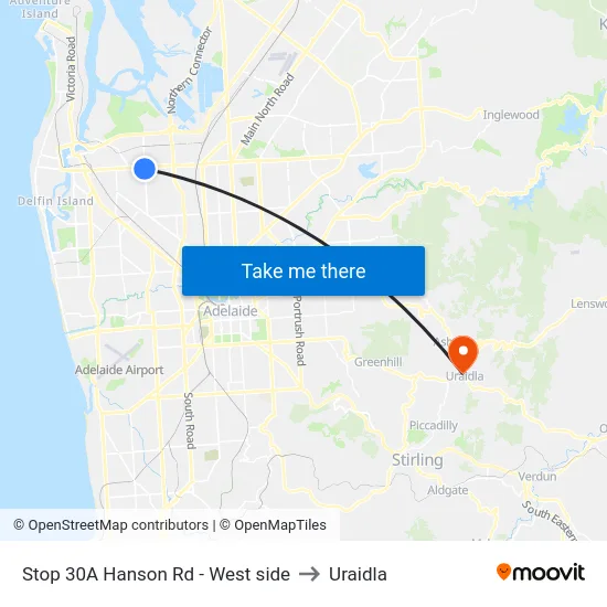 Stop 30A Hanson Rd - West side to Uraidla map