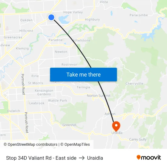 Stop 34D Valiant Rd - East side to Uraidla map