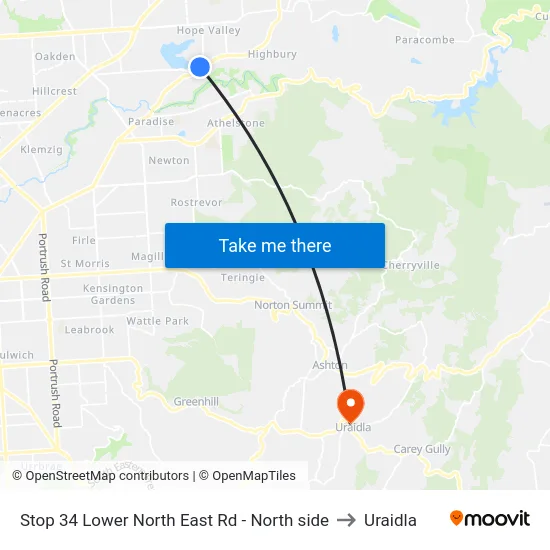 Stop 34 Lower North East Rd - North side to Uraidla map