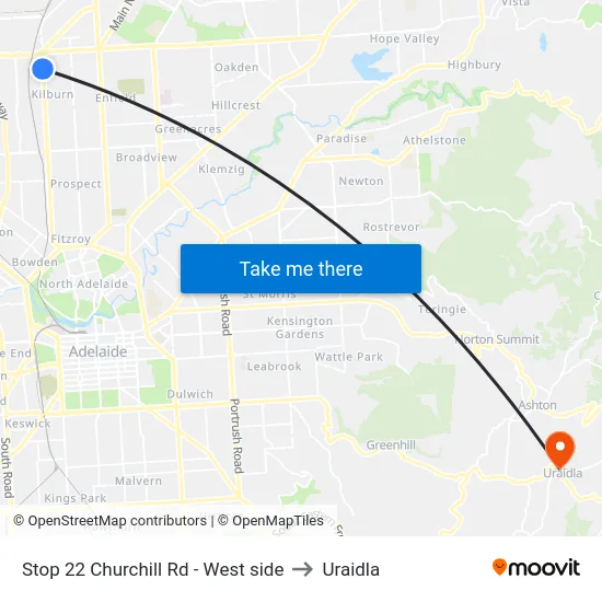 Stop 22 Churchill Rd - West side to Uraidla map