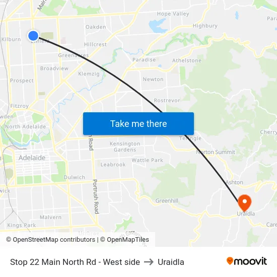 Stop 22 Main North Rd - West side to Uraidla map