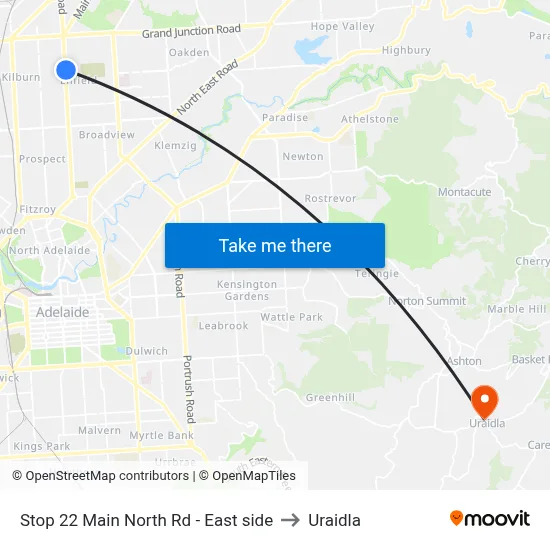 Stop 22 Main North Rd - East side to Uraidla map