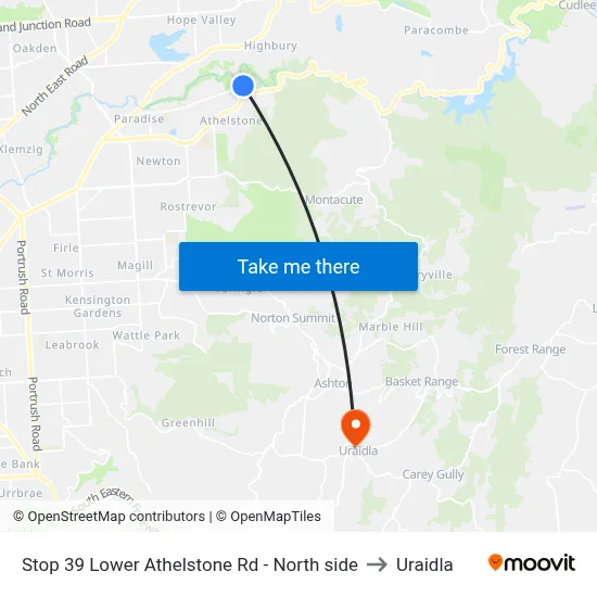 Stop 39 Lower Athelstone Rd - North side to Uraidla map