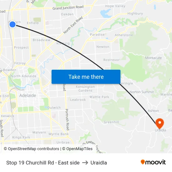 Stop 19 Churchill Rd - East side to Uraidla map