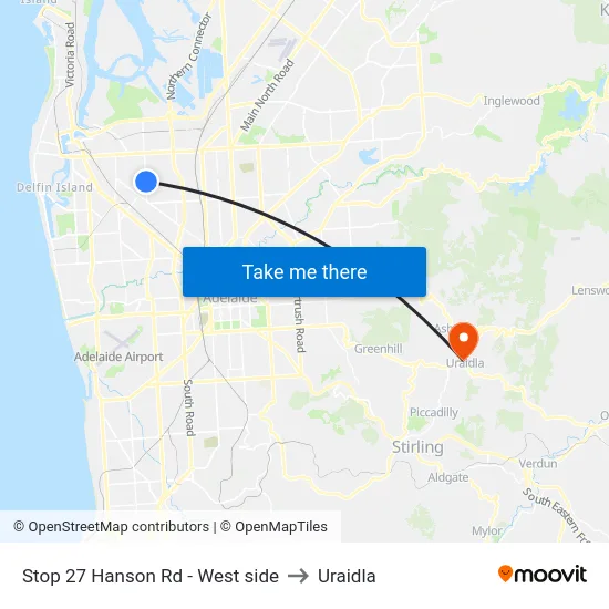Stop 27 Hanson Rd - West side to Uraidla map