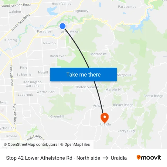 Stop 42 Lower Athelstone Rd - North side to Uraidla map
