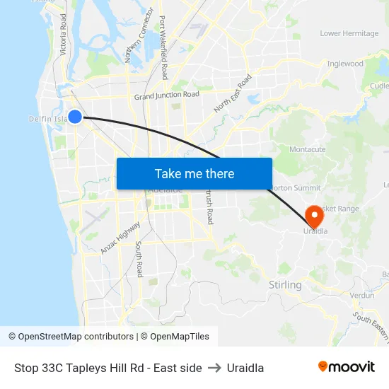 Stop 33C Tapleys Hill Rd - East side to Uraidla map