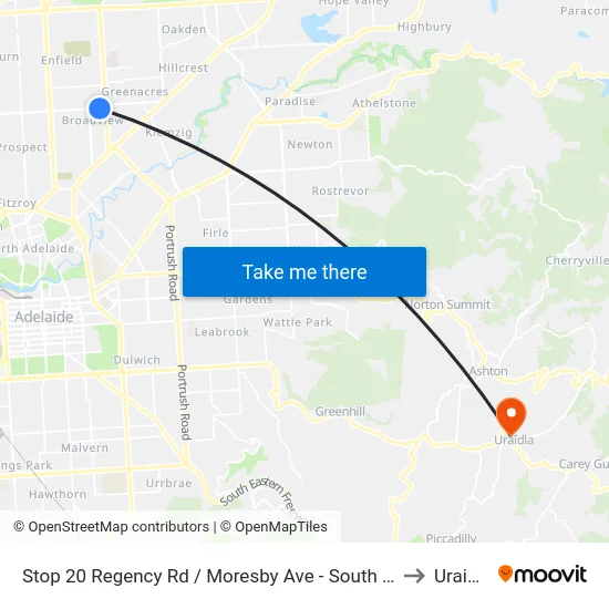 Stop 20 Regency Rd / Moresby Ave - South side to Uraidla map