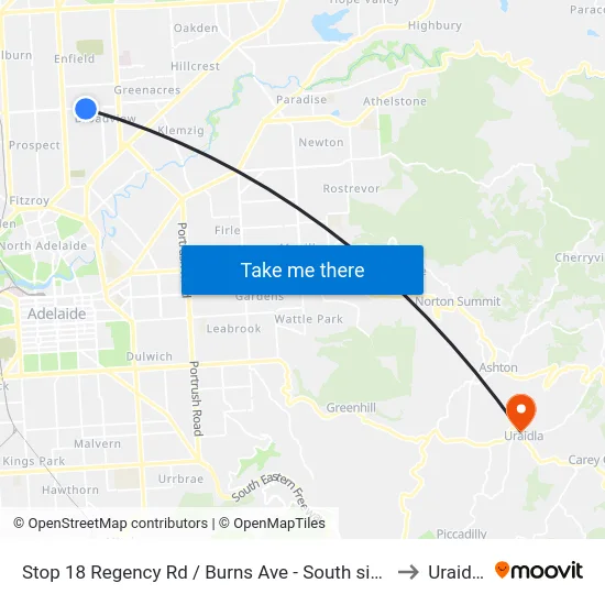 Stop 18 Regency Rd / Burns Ave - South side to Uraidla map