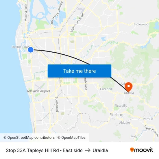 Stop 33A Tapleys Hill Rd - East side to Uraidla map