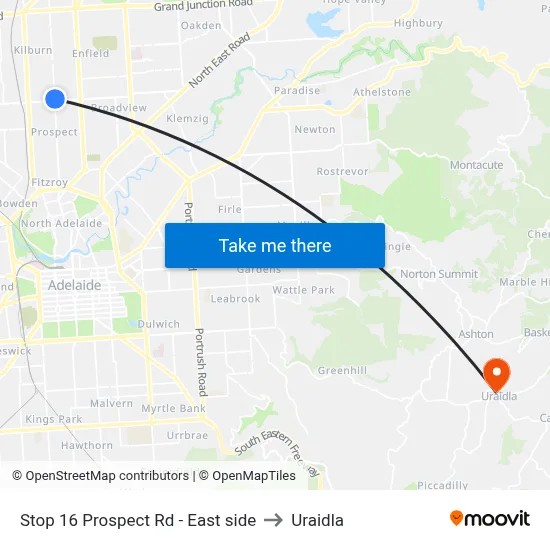 Stop 16 Prospect Rd - East side to Uraidla map