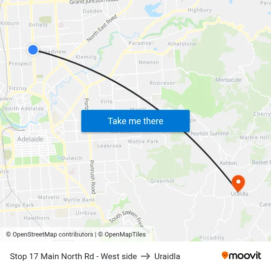 Stop 17 Main North Rd - West side to Uraidla map