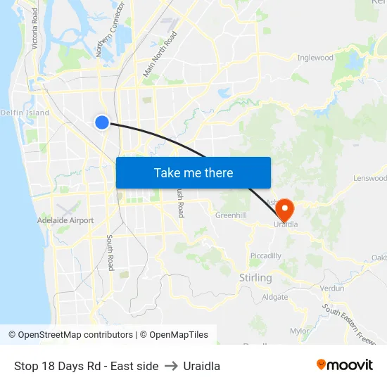 Stop 18 Days Rd - East side to Uraidla map