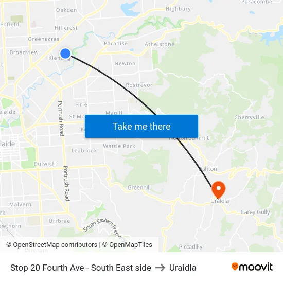 Stop 20 Fourth Ave - South East side to Uraidla map