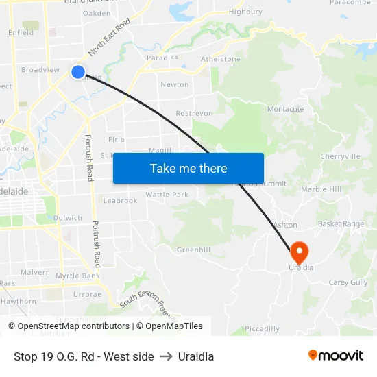 Stop 19 O.G. Rd - West side to Uraidla map