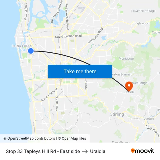 Stop 33 Tapleys Hill Rd - East side to Uraidla map