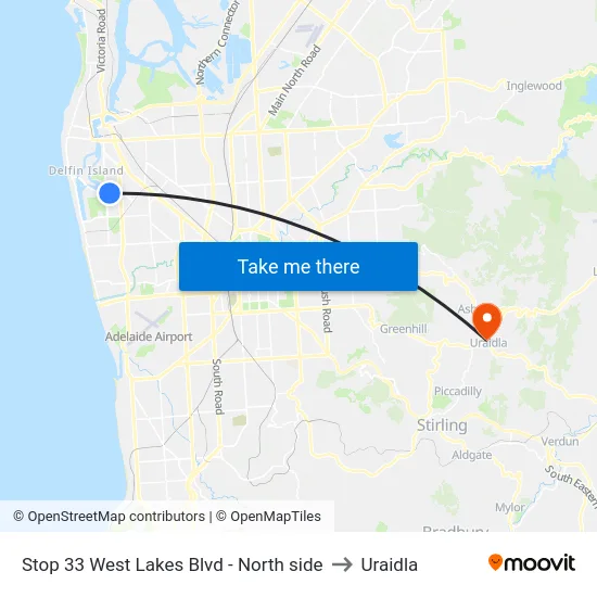 Stop 33 West Lakes Blvd - North side to Uraidla map
