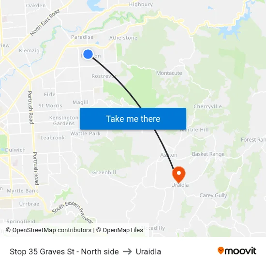 Stop 35 Graves St - North side to Uraidla map