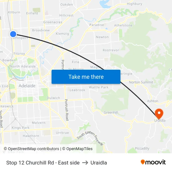 Stop 12 Churchill Rd - East side to Uraidla map