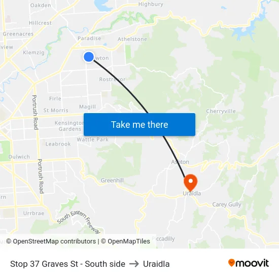 Stop 37 Graves St - South side to Uraidla map