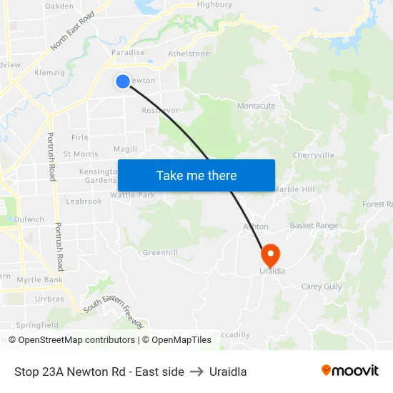 Stop 23A Newton Rd - East side to Uraidla map