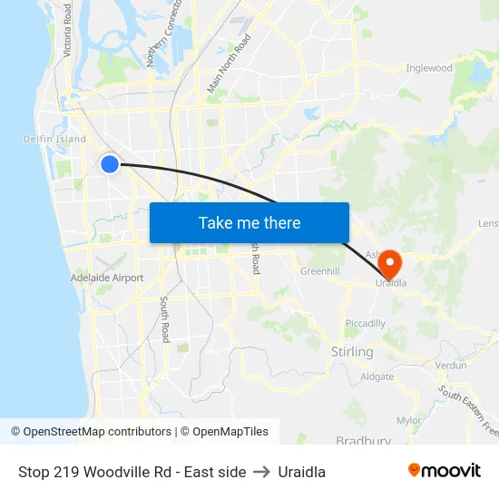 Stop 219 Woodville Rd - East side to Uraidla map