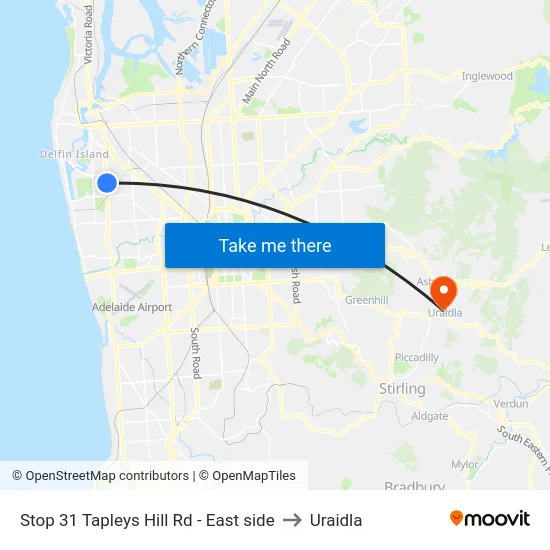 Stop 31 Tapleys Hill Rd - East side to Uraidla map