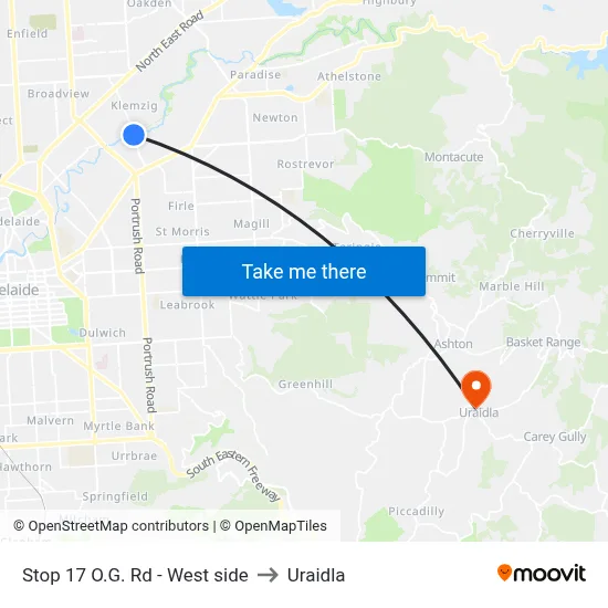 Stop 17 O.G. Rd - West side to Uraidla map