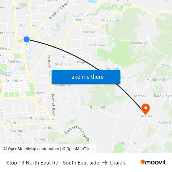 Stop 13 North East Rd - South East side to Uraidla map